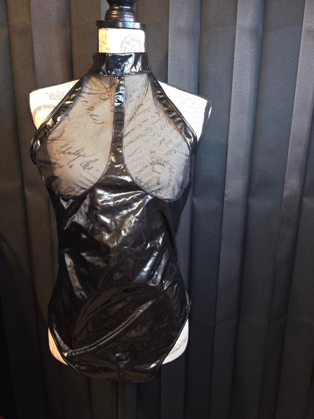 Black Patent Leather & Mesh Bodysuit With Zippered Bottom & Halter Neck Design